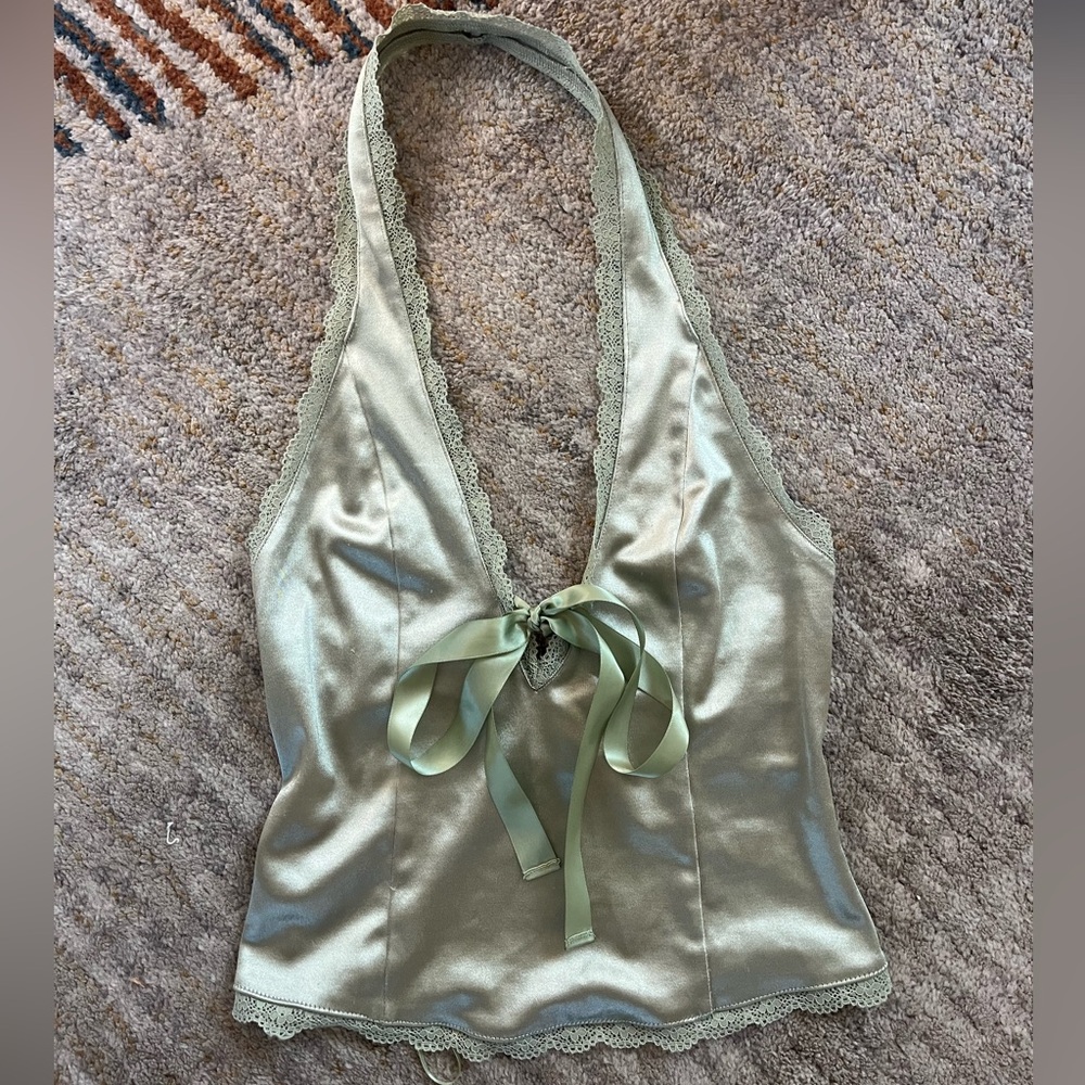 Kimchi Blue Sage Green Satin Halter Camisole with Ribbon Tie